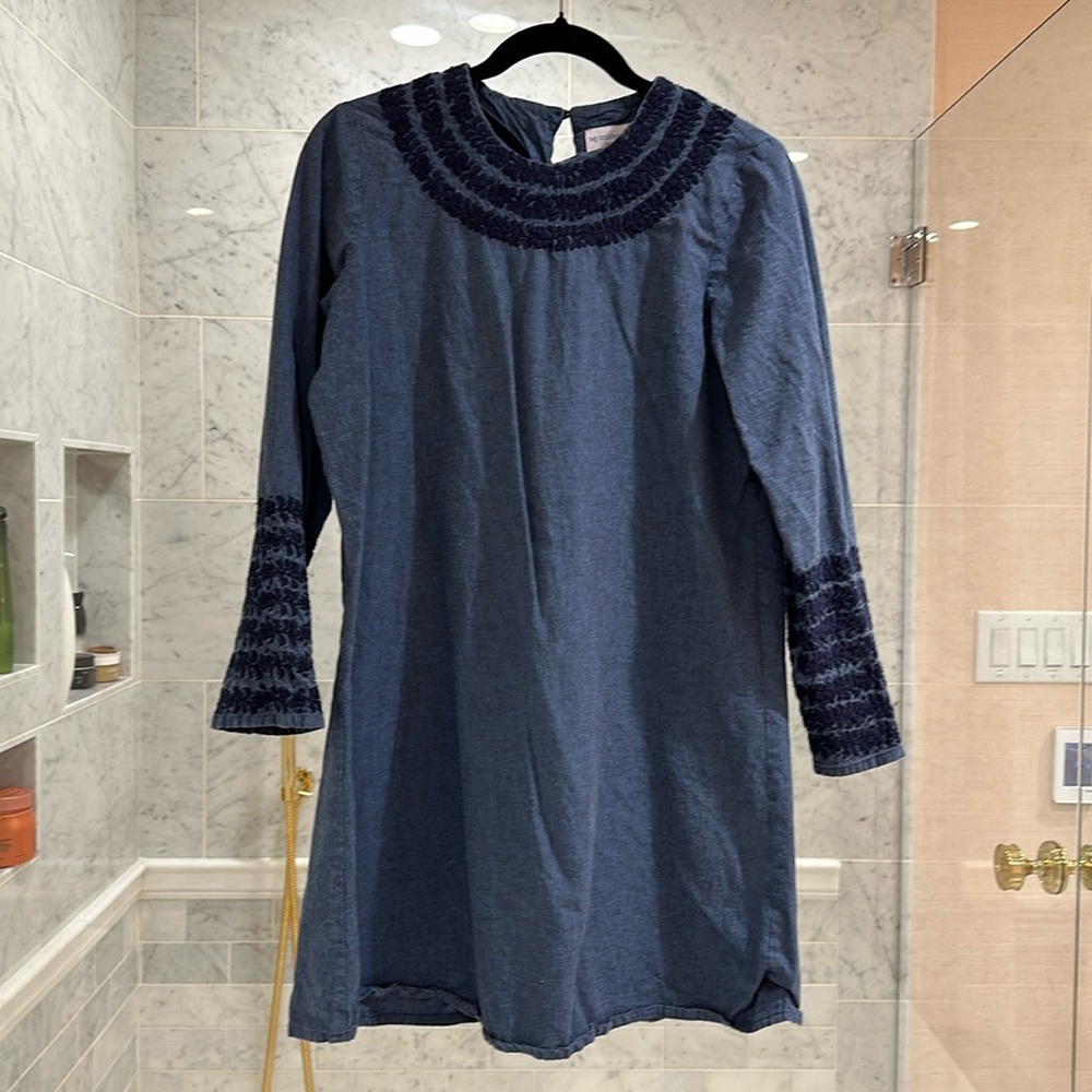 Blue denim long sleeve embroidered collar dress